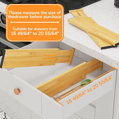Bamboo Expandable Drawer Dividers – Fits 13.3"–19" Drawers, 2" High, Set of 4 | Spring-Loaded Bamboo Separator for Kitchen Island, Bathroom Vanity & Dresser Drawers