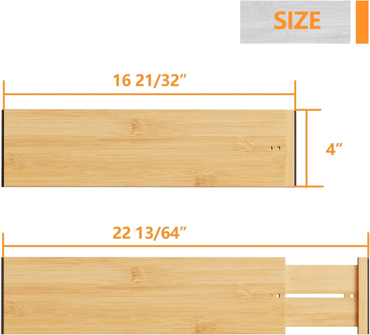 Bamboo Expandable Drawer Dividers – Fits 13.3"–19" Drawers, 2" High, Set of 4 | Spring-Loaded Bamboo Separator for Kitchen Island, Bathroom Vanity & Dresser Drawers