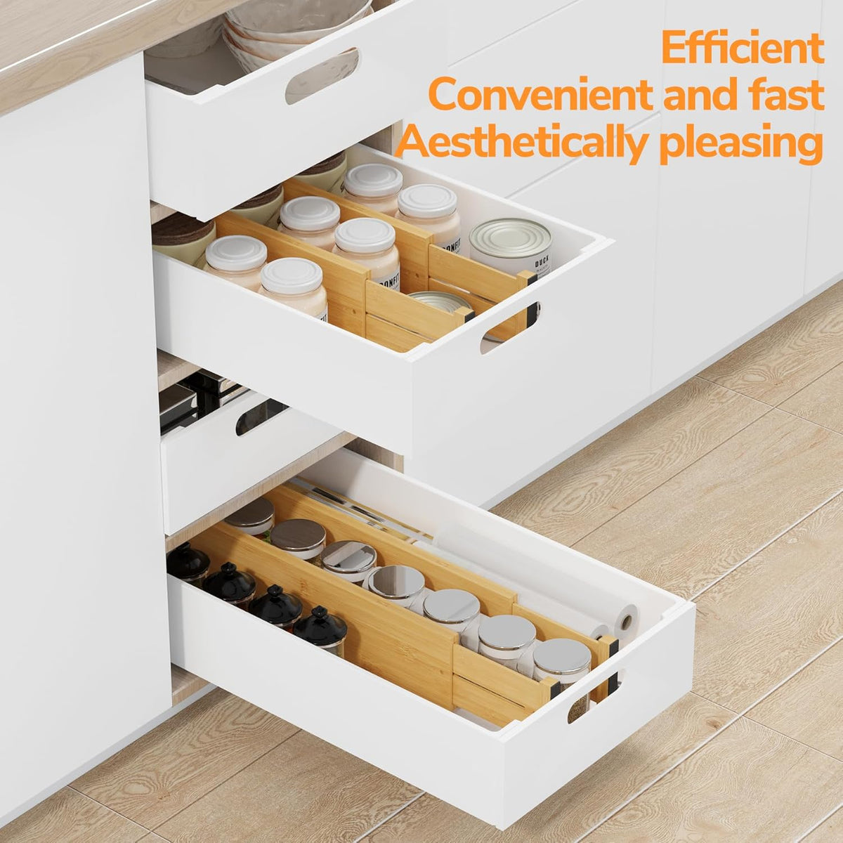 Bamboo Expandable Drawer Dividers – Fits 13.3"–19" Drawers, 2" High, Set of 4 | Spring-Loaded Bamboo Separator for Kitchen Island, Bathroom Vanity & Dresser Drawers