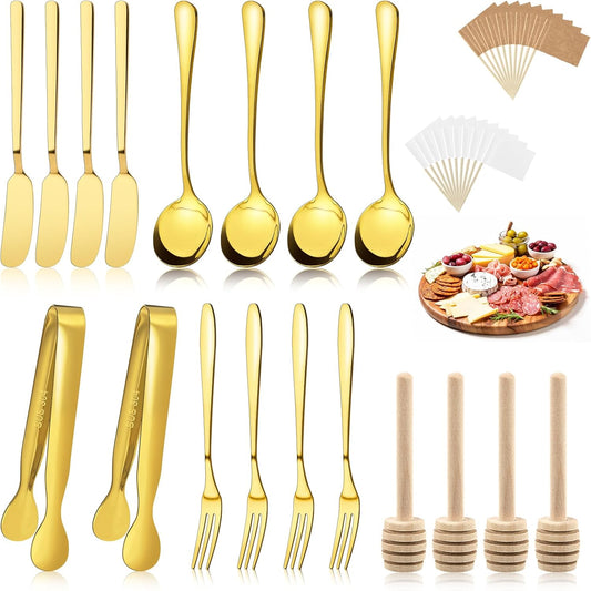 Gold Charcuterie Boards Accessories, 38 Pcs | Stainless Steel Charcuterie Utensils, Cheese Butter Spreader, Mini Tongs, Spoons, Forks, Honey Dippers and Toothpick Flags