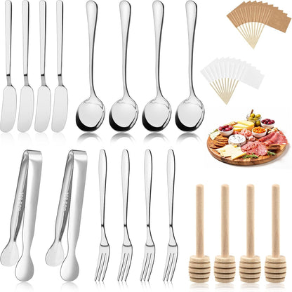 Gold Charcuterie Boards Accessories, 38 Pcs | Stainless Steel Charcuterie Utensils, Cheese Butter Spreader, Mini Tongs, Spoons, Forks, Honey Dippers and Toothpick Flags