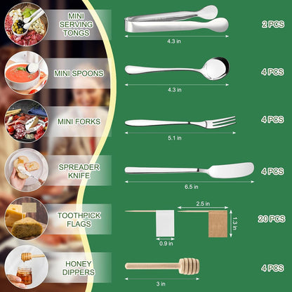Gold Charcuterie Boards Accessories, 38 Pcs | Stainless Steel Charcuterie Utensils, Cheese Butter Spreader, Mini Tongs, Spoons, Forks, Honey Dippers and Toothpick Flags