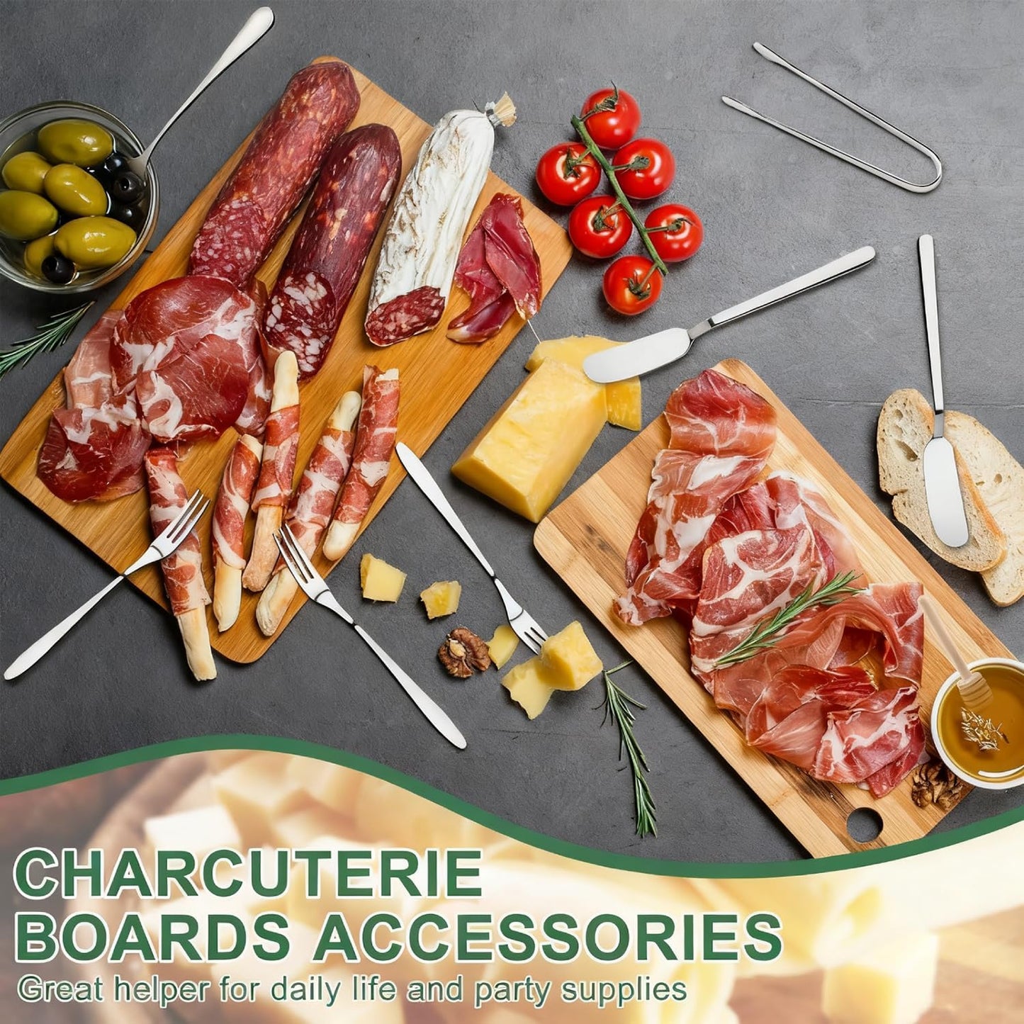 Gold Charcuterie Boards Accessories, 38 Pcs | Stainless Steel Charcuterie Utensils, Cheese Butter Spreader, Mini Tongs, Spoons, Forks, Honey Dippers and Toothpick Flags