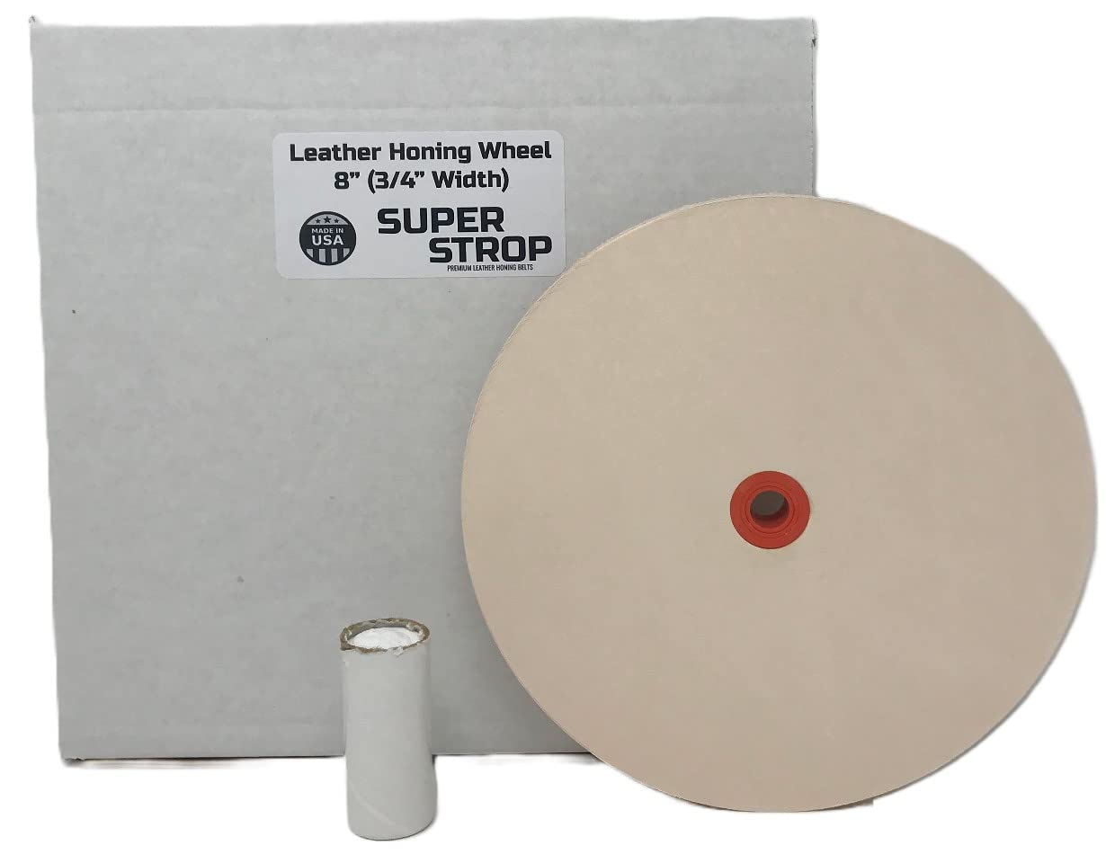 8 in Leather Honing Stropping Wheel Includes Premium White Buffing Compound Made in USA Super Strop Premium Wheel Strops fits 1/2", 5/8" and 3/4" Arbors