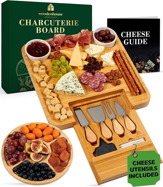 Bamboo Charcuterie Boards Gift Set - Meat and Cheese Tray with Utensils | Fruit Server & 2 Sauce Bowls Included – House Warming, Wedding & New Home Present