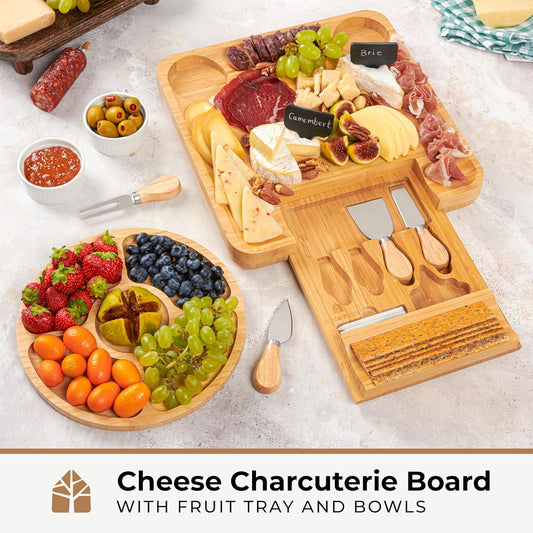 Bamboo Charcuterie Boards Gift Set - Meat and Cheese Tray with Utensils | Fruit Server & 2 Sauce Bowls Included – House Warming, Wedding & New Home Present