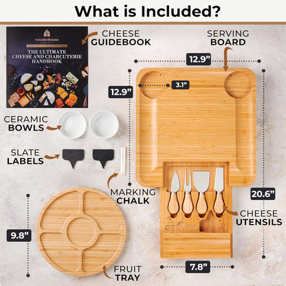 Bamboo Charcuterie Boards Gift Set - Meat and Cheese Tray with Utensils | Fruit Server & 2 Sauce Bowls Included – House Warming, Wedding & New Home Present