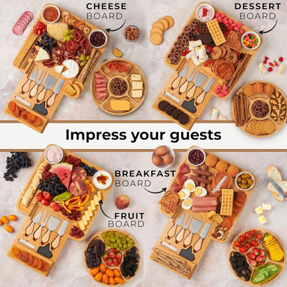 Bamboo Charcuterie Boards Gift Set - Meat and Cheese Tray with Utensils | Fruit Server & 2 Sauce Bowls Included – House Warming, Wedding & New Home Present