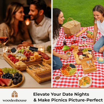 Bamboo Charcuterie Boards Gift Set - Meat and Cheese Tray with Utensils | Fruit Server & 2 Sauce Bowls Included – House Warming, Wedding & New Home Present