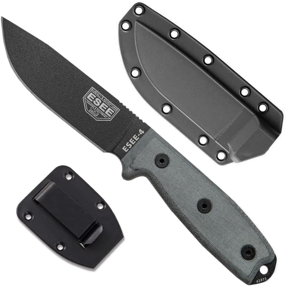 4P Survival Knife - Field Tested Fixed Blade Knife with Molded Polymer Sheath & Clip Plate, Full Tang, Plain Edge - Durable Outdoor Camping Blade with Sheath for Survival
