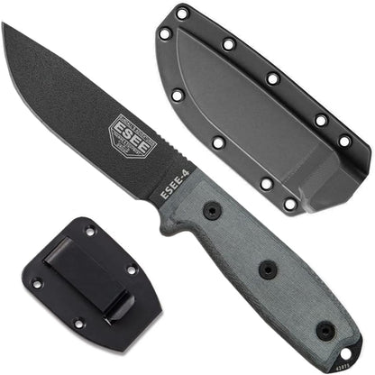 4P Survival Knife - Field Tested Fixed Blade Knife with Molded Polymer Sheath & Clip Plate, Full Tang, Plain Edge - Durable Outdoor Camping Blade with Sheath for Survival