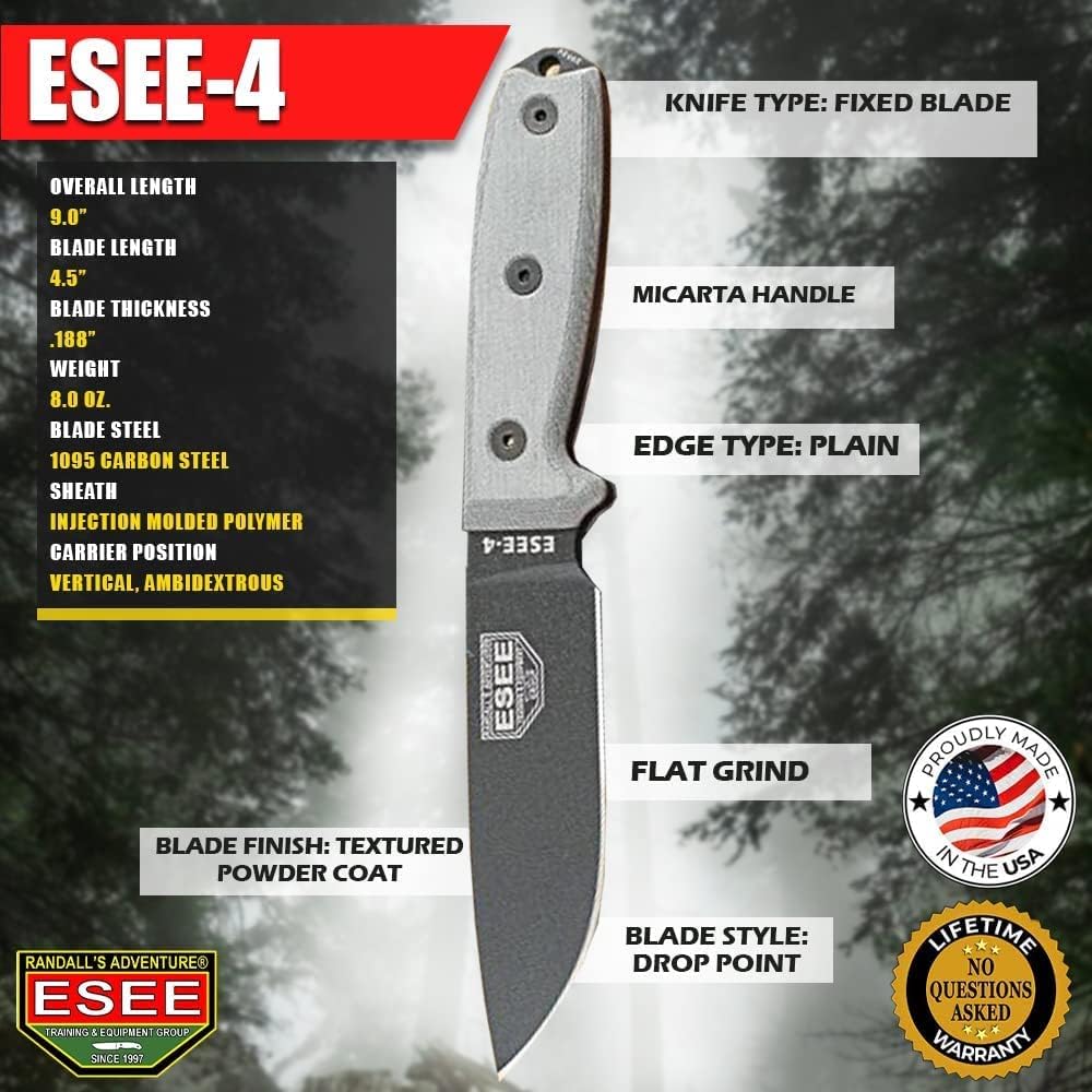 4P Survival Knife - Field Tested Fixed Blade Knife with Molded Polymer Sheath & Clip Plate, Full Tang, Plain Edge - Durable Outdoor Camping Blade with Sheath for Survival