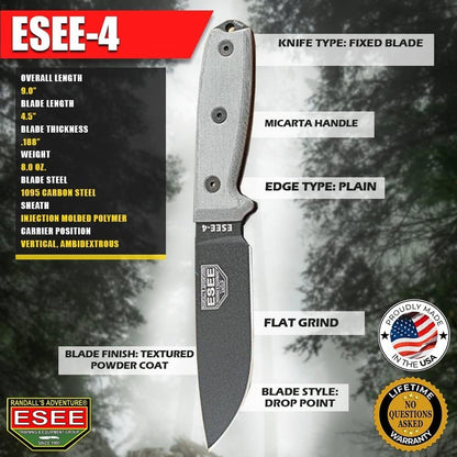4P Survival Knife - Field Tested Fixed Blade Knife with Molded Polymer Sheath & Clip Plate, Full Tang, Plain Edge - Durable Outdoor Camping Blade with Sheath for Survival