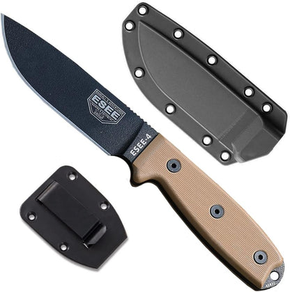 4P Survival Knife - Field Tested Fixed Blade Knife with Molded Polymer Sheath & Clip Plate, Full Tang, Plain Edge - Durable Outdoor Camping Blade with Sheath for Survival