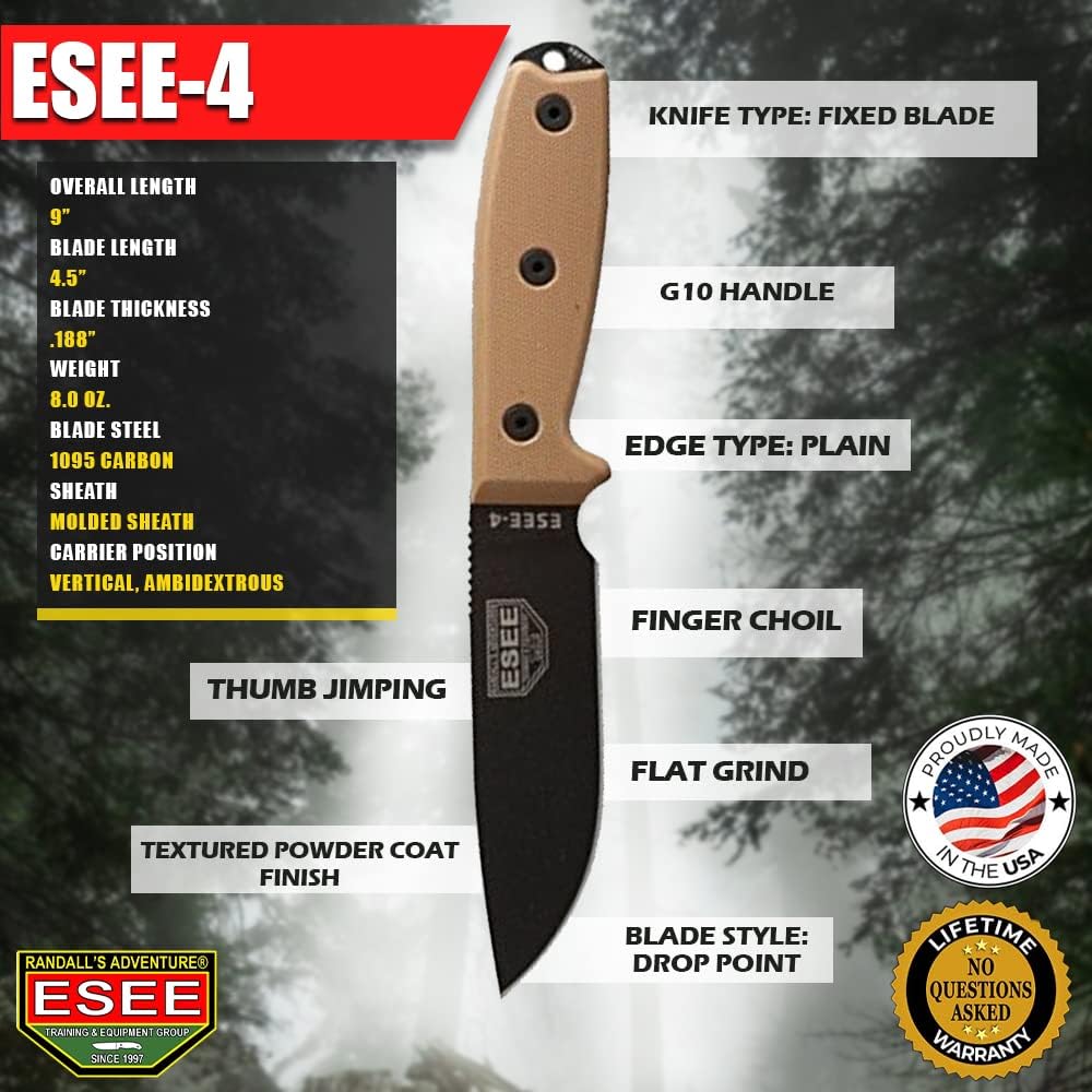 4P Survival Knife - Field Tested Fixed Blade Knife with Molded Polymer Sheath & Clip Plate, Full Tang, Plain Edge - Durable Outdoor Camping Blade with Sheath for Survival