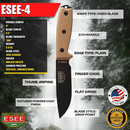 4P Survival Knife - Field Tested Fixed Blade Knife with Molded Polymer Sheath & Clip Plate, Full Tang, Plain Edge - Durable Outdoor Camping Blade with Sheath for Survival
