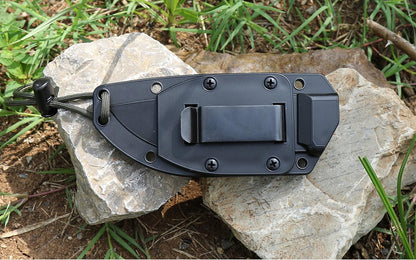 4P Survival Knife - Field Tested Fixed Blade Knife with Molded Polymer Sheath & Clip Plate, Full Tang, Plain Edge - Durable Outdoor Camping Blade with Sheath for Survival