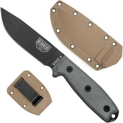 4P Survival Knife - Field Tested Fixed Blade Knife with Molded Polymer Sheath & Clip Plate, Full Tang, Plain Edge - Durable Outdoor Camping Blade with Sheath for Survival