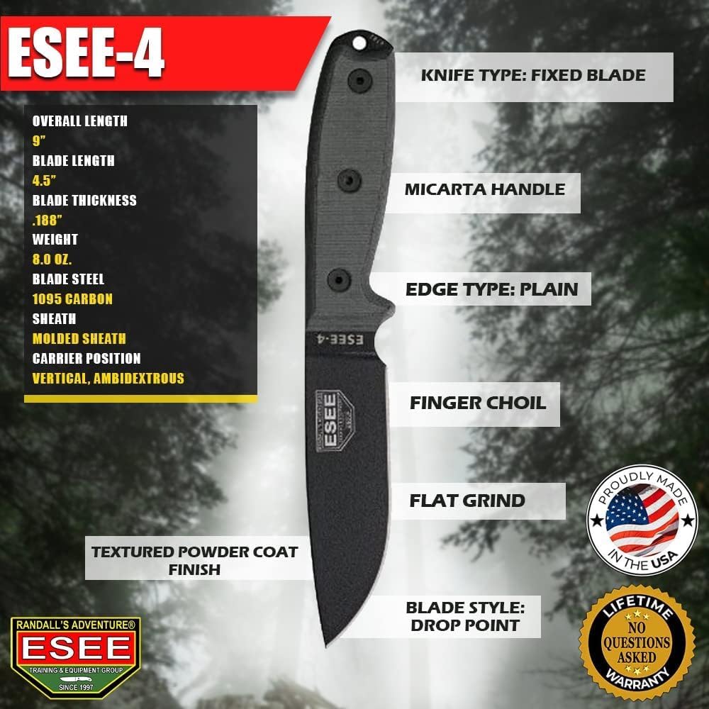 4P Survival Knife - Field Tested Fixed Blade Knife with Molded Polymer Sheath & Clip Plate, Full Tang, Plain Edge - Durable Outdoor Camping Blade with Sheath for Survival