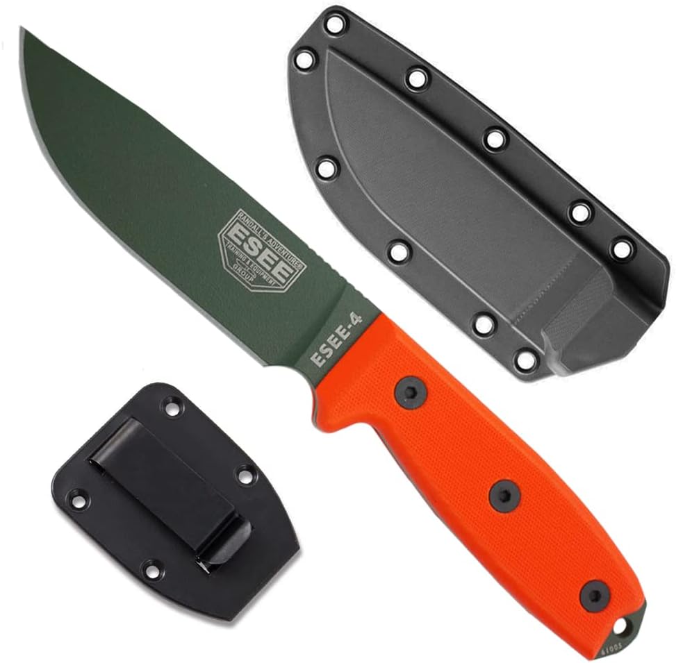 4P Survival Knife - Field Tested Fixed Blade Knife with Molded Polymer Sheath & Clip Plate, Full Tang, Plain Edge - Durable Outdoor Camping Blade with Sheath for Survival