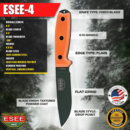 4P Survival Knife - Field Tested Fixed Blade Knife with Molded Polymer Sheath & Clip Plate, Full Tang, Plain Edge - Durable Outdoor Camping Blade with Sheath for Survival