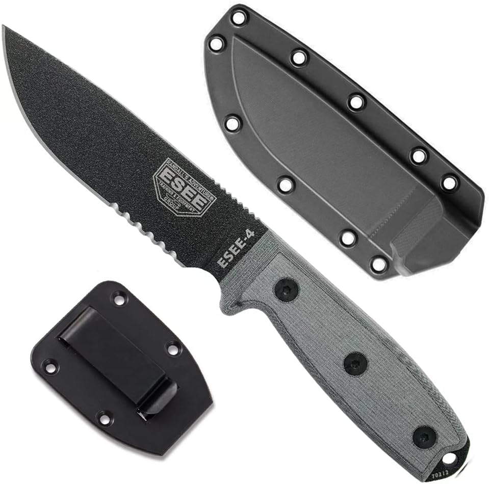 4P Survival Knife - Field Tested Fixed Blade Knife with Molded Polymer Sheath & Clip Plate, Full Tang, Plain Edge - Durable Outdoor Camping Blade with Sheath for Survival