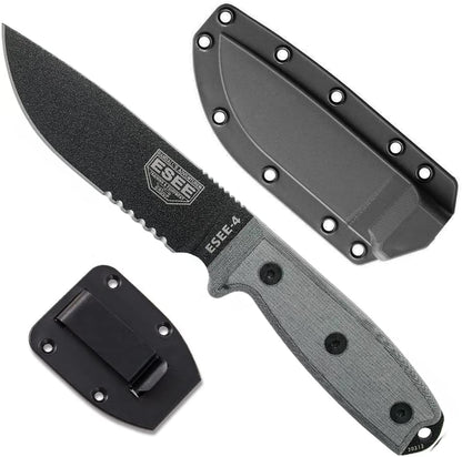 4P Survival Knife - Field Tested Fixed Blade Knife with Molded Polymer Sheath & Clip Plate, Full Tang, Plain Edge - Durable Outdoor Camping Blade with Sheath for Survival