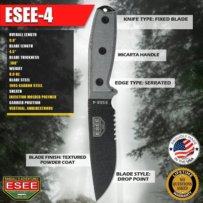 4P Survival Knife - Field Tested Fixed Blade Knife with Molded Polymer Sheath & Clip Plate, Full Tang, Plain Edge - Durable Outdoor Camping Blade with Sheath for Survival