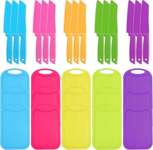 30 Pcs Kids Plastic Knife Set with Cutting Board, Plastic Safe Knives Toddler Cutting Board Colorful Toddler Kids Cooking Utensils for Salad Fruit Vegetables