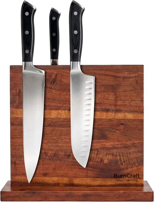 Magnetic Knife Block, Double Sided Acacia Wood Knife Holder Rack, Countertop Stand for Kitchen Knives Storage with Strong Magnets 12 x 10 Inch
