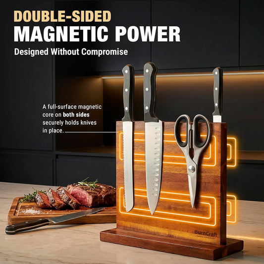 Magnetic Knife Block, Double Sided Acacia Wood Knife Holder Rack, Countertop Stand for Kitchen Knives Storage with Strong Magnets 12 x 10 Inch