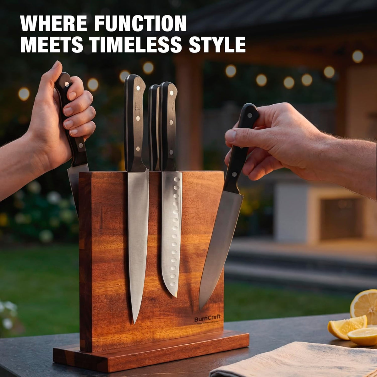 Magnetic Knife Block, Double Sided Acacia Wood Knife Holder Rack, Countertop Stand for Kitchen Knives Storage with Strong Magnets 12 x 10 Inch