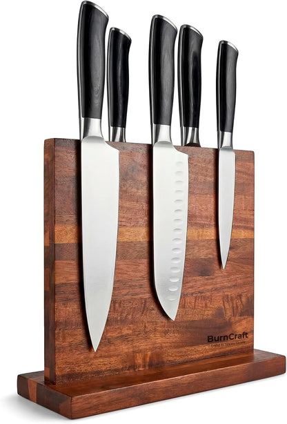 Magnetic Knife Block, Double Sided Acacia Wood Knife Holder Rack, Countertop Stand for Kitchen Knives Storage with Strong Magnets 12 x 10 Inch