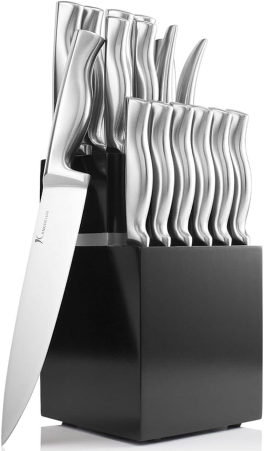 15-Piece Ultra Sharp Kitchen Knife Set with Wooden Block, Shiny Black