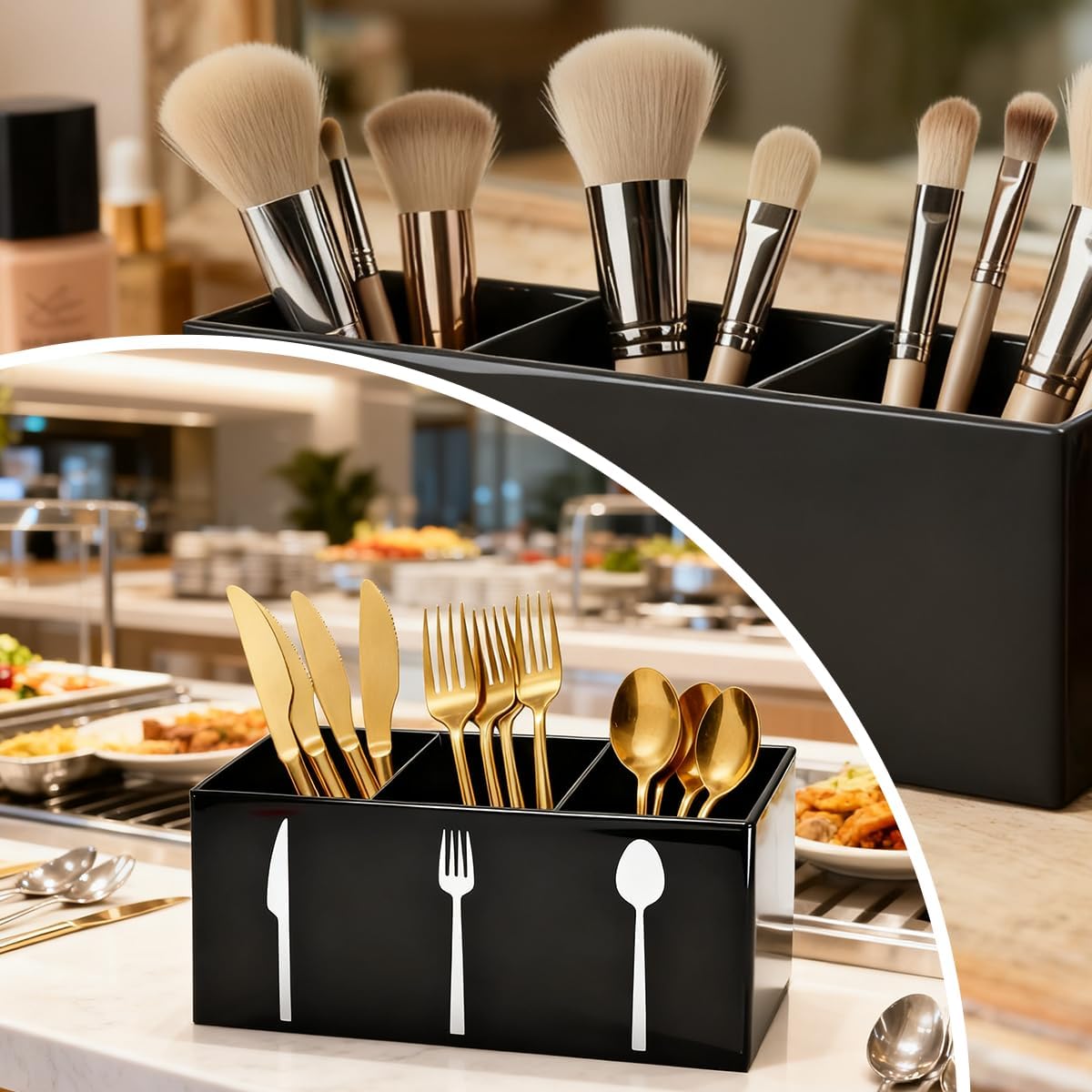 Acrylic Cutlery Storage Organizer Bin,3 Section Silverware Caddy with Spoon Fork Organizer, Clear Plastic Utensil Holder for Kitchen Countertop, Cabinet, Dining Room (Black)