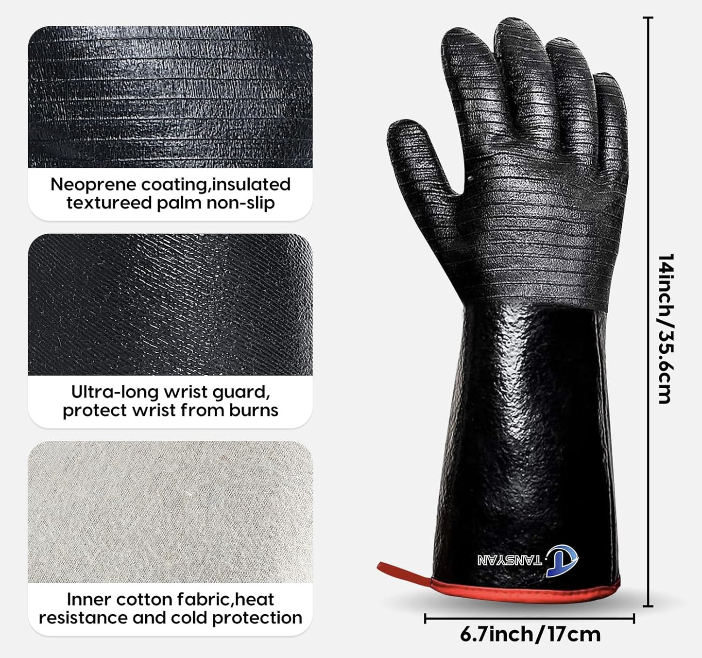932°F Extreme Heat Resistant Gloves for Grill BBQ, Waterproof Long Sleeve Pit Grill Gloves for Fryer, Baking, Oven,Smoker,Fireproof, Oil Resistant Neoprene Coating（14-Inch ）