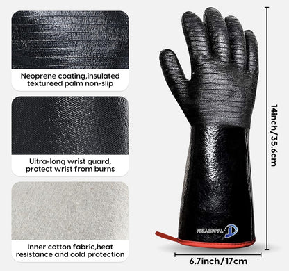 932°F Extreme Heat Resistant Gloves for Grill BBQ, Waterproof Long Sleeve Pit Grill Gloves for Fryer, Baking, Oven,Smoker,Fireproof, Oil Resistant Neoprene Coating（14-Inch ）