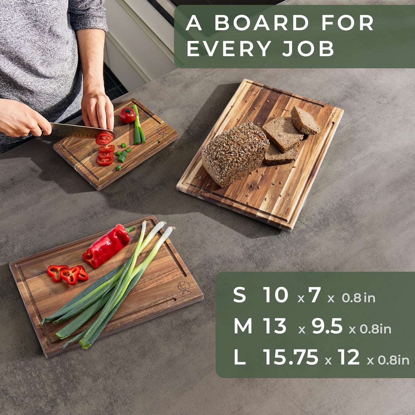 Cutting Board Set (15.75 x 12/13 x 9.5/10 x 7 in) out of Solid Acacia Wood - 0,8 in Thick Cutting Boards for Kitchen - Wood Cutting Boards - Wooden Chopping Boards for Kitchen