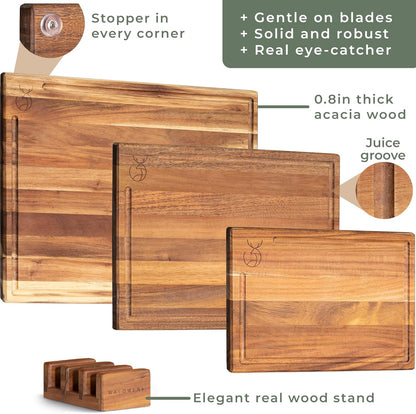 Cutting Board Set (15.75 x 12/13 x 9.5/10 x 7 in) out of Solid Acacia Wood - 0,8 in Thick Cutting Boards for Kitchen - Wood Cutting Boards - Wooden Chopping Boards for Kitchen