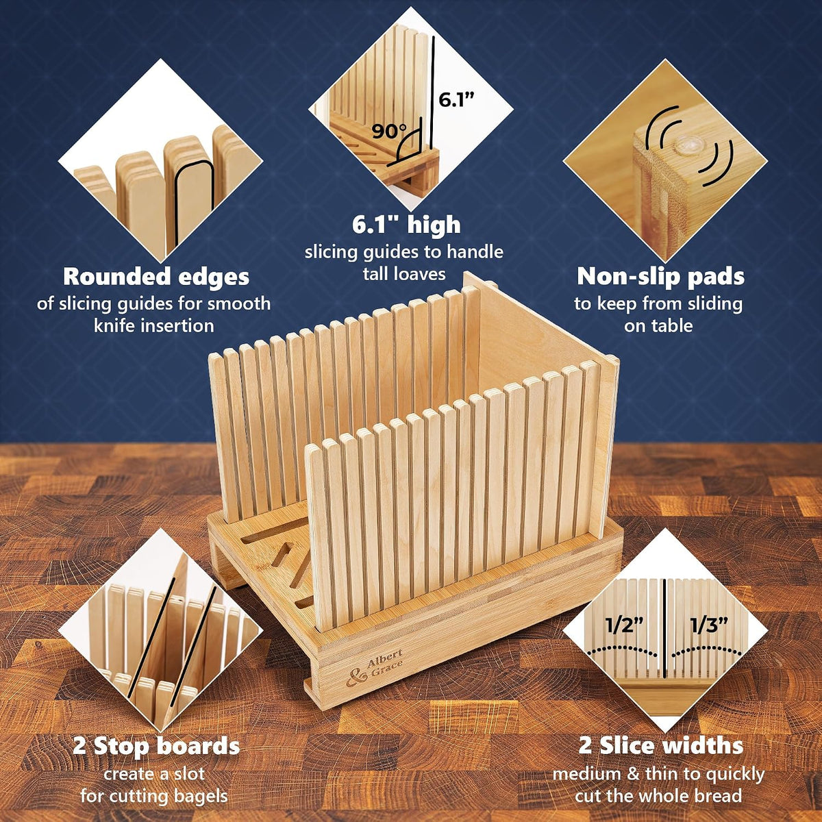 Adjustable Bamboo Bread Slicer with Folding Guides