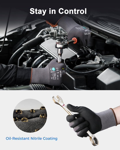Safety Work Gloves for Men & Women, MicroFoam Nitrile Coated Nylon Black Grip for General Purpose, 3/6/12/36 Pairs