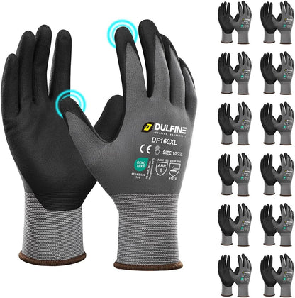 Safety Work Gloves for Men & Women, MicroFoam Nitrile Coated Nylon Black Grip for General Purpose, 3/6/12/36 Pairs