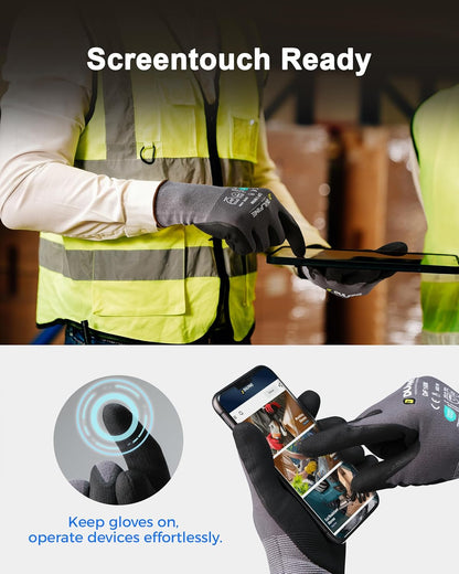 Safety Work Gloves for Men & Women, MicroFoam Nitrile Coated Nylon Black Grip for General Purpose, 3/6/12/36 Pairs