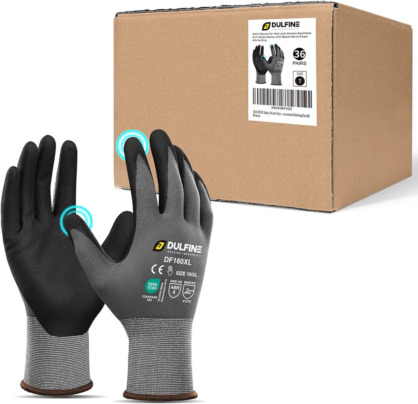 Safety Work Gloves for Men & Women, MicroFoam Nitrile Coated Nylon Black Grip for General Purpose, 3/6/12/36 Pairs