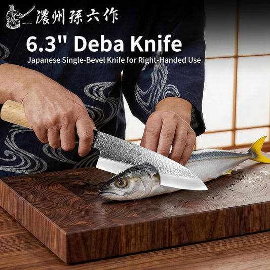 6.3 Inch Deba Knife, Made in Japan, Right-Handed Single Bevel Fish Butcher Knife, High Carbon Stainless Steel with Hammered Finish, Natural Wood Handle for Fish Filleting