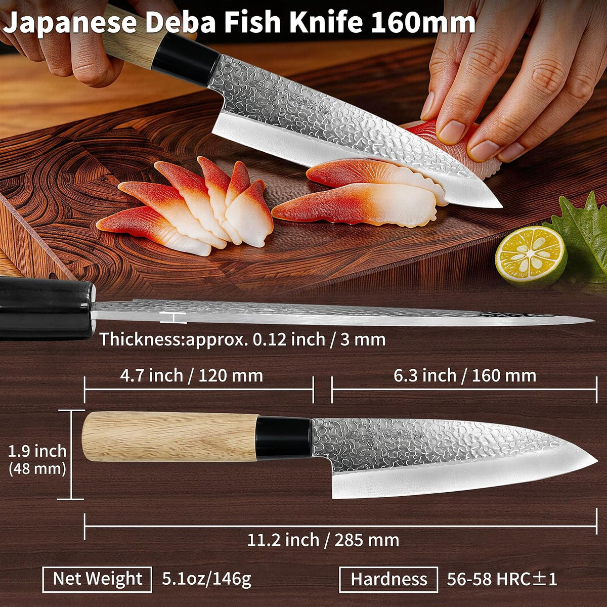 6.3 Inch Deba Knife, Made in Japan, Right-Handed Single Bevel Fish Butcher Knife, High Carbon Stainless Steel with Hammered Finish, Natural Wood Handle for Fish Filleting