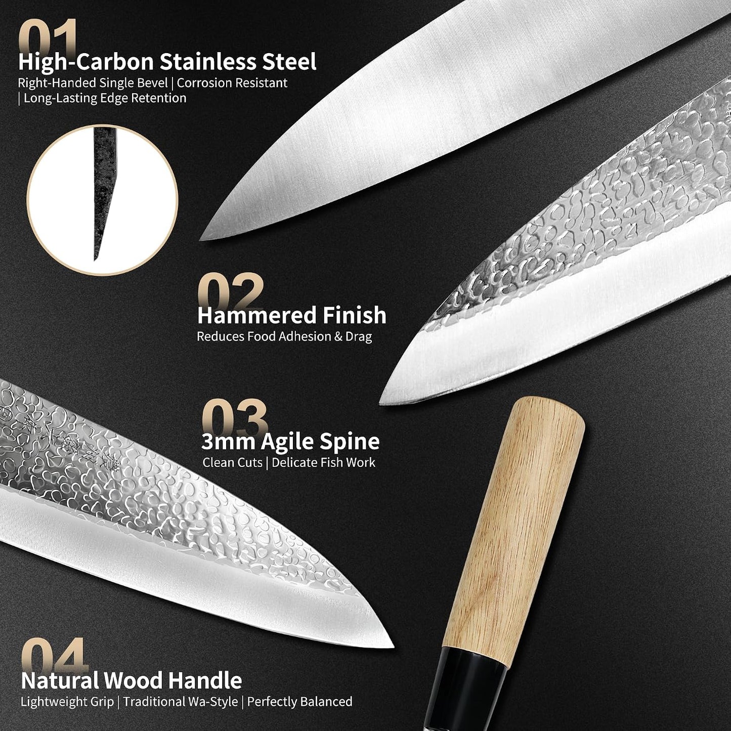 6.3 Inch Deba Knife, Made in Japan, Right-Handed Single Bevel Fish Butcher Knife, High Carbon Stainless Steel with Hammered Finish, Natural Wood Handle for Fish Filleting