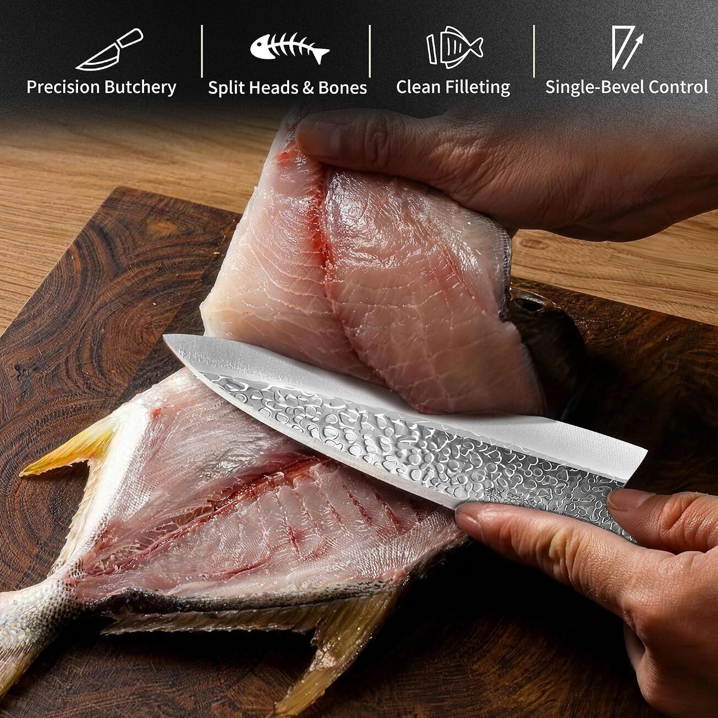 6.3 Inch Deba Knife, Made in Japan, Right-Handed Single Bevel Fish Butcher Knife, High Carbon Stainless Steel with Hammered Finish, Natural Wood Handle for Fish Filleting