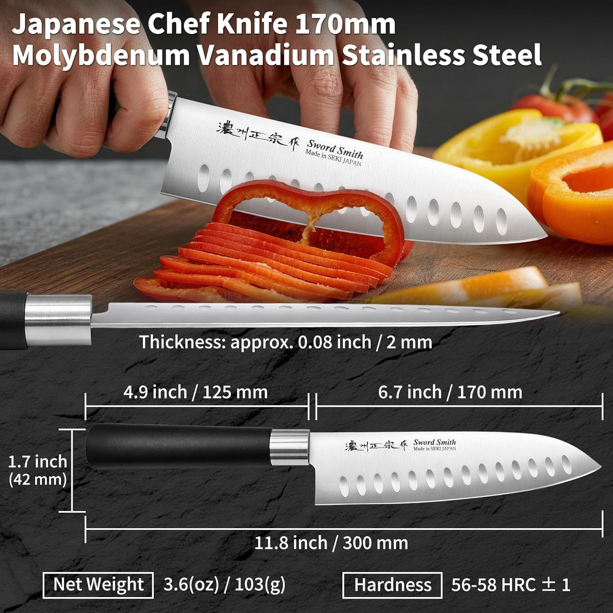 6.3 Inch Deba Knife, Made in Japan, Right-Handed Single Bevel Fish Butcher Knife, High Carbon Stainless Steel with Hammered Finish, Natural Wood Handle for Fish Filleting