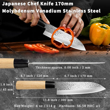 6.3 Inch Deba Knife, Made in Japan, Right-Handed Single Bevel Fish Butcher Knife, High Carbon Stainless Steel with Hammered Finish, Natural Wood Handle for Fish Filleting